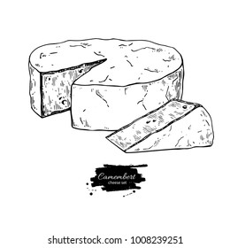 Camembert cheese block and triangle drawing. Vector hand drawn food sketch. Engraved Slice cut. Farm market product for label, poster, icon, packaging. Dairy vintage product
