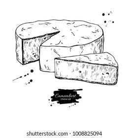 Camembert cheese block and triangle drawing. Vector hand drawn food sketch. Engraved Slice cut. Farm market product for label, poster, icon, packaging. Dairy vintage product