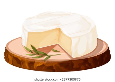 Camembert cheese, brie french soft creamy food on wooden tray in cartoon style isolated on white background. 