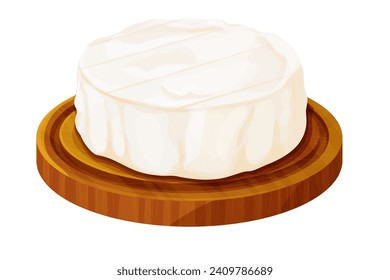 Camembert cheese, brie french soft creamy food on wooden tray in cartoon style isolated on white background. 