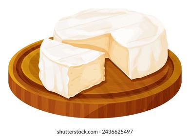 Queso camembert, brie comida francesa suave cremosa en bandeja de madera aislada sobre fondo blanco. 