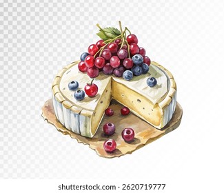 Camembert cheese, brie french soft creamy food on wooden tray in cartoon style isolated on white background. Vector.