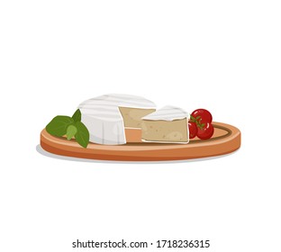 Camembert cheese composition with cherry tomatoes and basil on wooden board. Food composition, poster.
