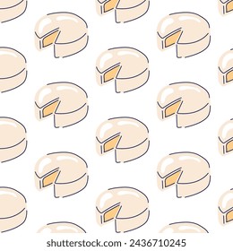 Patrón sin fisuras de queso Camembert. Diseño de estilo de dibujos animados de productos lácteos de comestibles. Ilustración vectorial aislada sobre un fondo blanco.