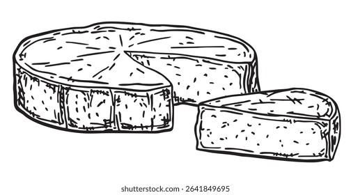 Camembert cheese sketch Illustration. Whole cheese and slice. Soft cheese made from milk. For packaging, restaurant menu, poster. Vector illustration isolated on white background. Healthy food.