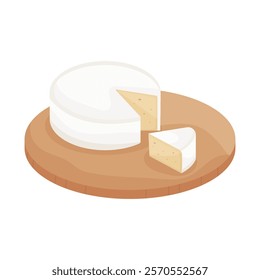 Camembert cheese wheel with slice on wooden board. Vector illustration isolated.