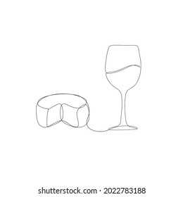 Camembert y vaso de vino. Ilustración vectorial dibujada a mano de una línea. Arte minimalista aislado de fondo blanco. 