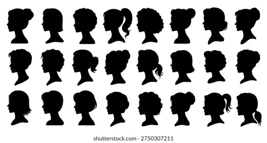 Cameo female silhouettes vector set, elegant woman profile faces, vintage style black portrait icons