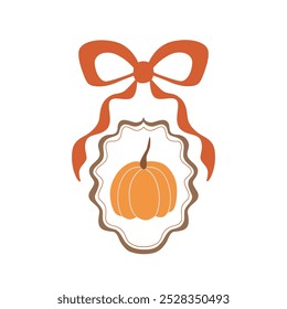 Cameo pumpkin with bow, ribbon isolated element. Cute Thanksgiving day element. Hand drawn autumn decorative pumpkin isolated on white background. Vector illustration.