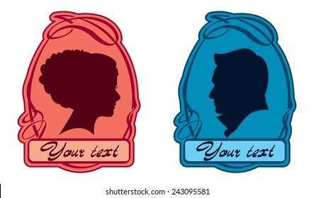 Cameo. Retro Female And Male Silhouette Vector Vignette Frame Colored