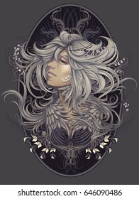 cameo woman with patterns and feathers