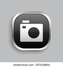 camera 3 fill icon design. Glossy Button style rounded rectangle isolated on gray background. Vector illustration