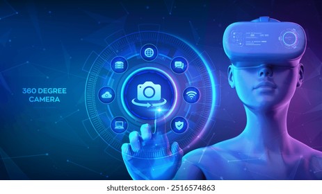 Camera 360 degree view. 360 degrees video. Virtual reality. Panorama camera. Virtual tour. 3D reality tours. Girl wearing VR headset glasses touching digital interface. Vector illustration.