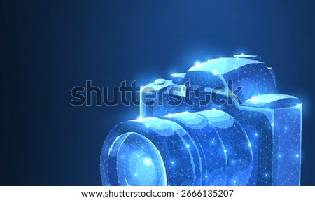 Camera. Abstract 3d polygonal wireframe modern professional camera isolated on blue. Photo art, video equipment, digital photographing concept vector illustration or background