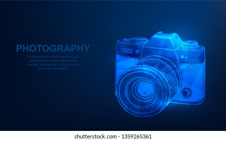 Camera. Abstract vector polygonal wireframe concept. Illustration dark blue background. Photography symbol design