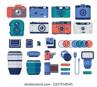 Cámara y accesorios. Trípode y filtros de equipos de cámara, dslr con lente y flash, accesorios de cámara fotográfica de estilo plano. Cámara de vectores, fotografía de ilustración digital