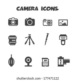 camera and accessories icons, mono vector symbols