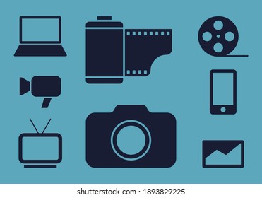 camera and accessories icons, mono vector symbols