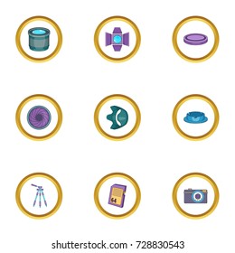 Camera accessories icons set. Cartoon style set of 9 camera accessories vector icons for web design