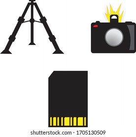 Camera Accessories and Necessities vector graphics tripod, camera, sd card