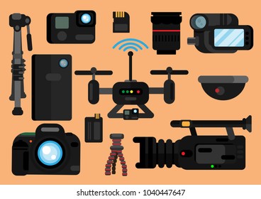 Camera and accessories. small camera, camcorder, smartphone, DSLR, television camera, CCTV, drone, tripod, memory card, lens and battery. flat illustration. - Powered by Shutterstock - Get 15% off with code: PIKWIZARD15
