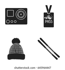 Camera action, a lifeguard token, a warm hat, ski. Ski resort set collection icons in black style vector symbol stock illustration web.