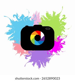 Uma câmera sobre um fundo de pontos coloridos. O conceito do Dia do Fotógrafo e do Dia Mundial da Fotografia