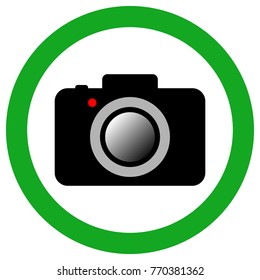 CAMERA ALLOWED AREA sign. Green circle. Vector icon.