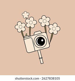 Câmera entre flores vetor ilustração design de desenho animado simples moderno