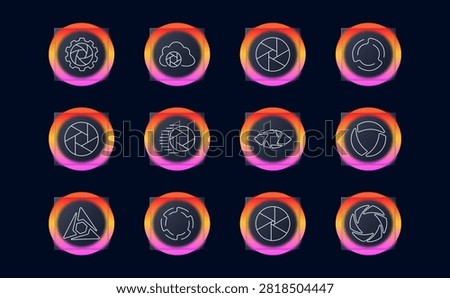 Camera aperture abstract set icon. Gear with shutter, cloud aperture, segmented lens, circular rotation arrows, motion shutter, triangular aperture, rotating segments, iris patterns