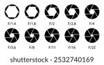 Camera aperture icon set in black colors. Silhouette camera lens diaphragm icon isolated. Shutter camera aperture lens icon set. Aperture icons. Camera lens diaphragm with aperture value numbers.