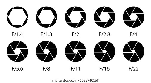 Camera aperture icon set in black colors. Silhouette camera lens diaphragm icon isolated. Shutter camera aperture lens icon set. Aperture icons. Camera lens diaphragm with aperture value numbers.