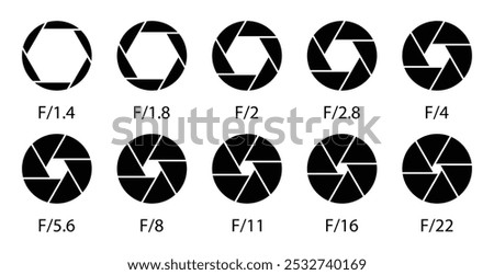 Camera aperture icon set in black colors. Silhouette camera lens diaphragm icon isolated. Shutter camera aperture lens icon set. Aperture icons. Camera lens diaphragm with aperture value numbers.