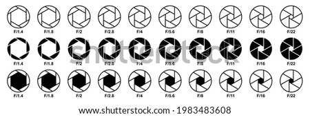 Camera Aperture icon set, lens diaphragm row with value numbers, Camera shutter, Vector illustration	
