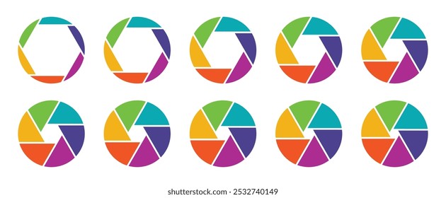 Símbolo de ícone de abertura de câmera definido em cores. Conjunto isolado do ícone de diafragma da lente da câmera. Conjunto de ícones de lentes de abertura da câmera do obturador. Os ícones de abertura definem um estilo diferente. Ilustração isolada de vetor.