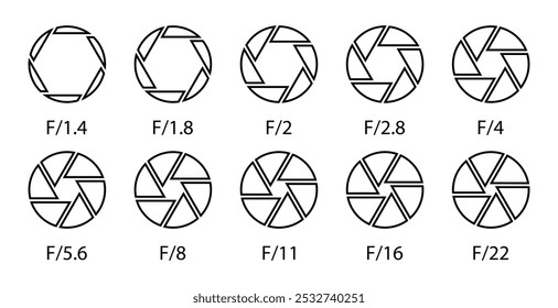 Símbolo de ícone de abertura de câmera definido no estilo de contorno de cor preta. Ícone de lente de abertura da câmera do obturador definido em design de linha. Fileira de diafragma de lente de câmera com números de valores de abertura. Ilustração vetorial.