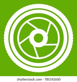 Camera aperture icon white isolated on green background. Vector illustration