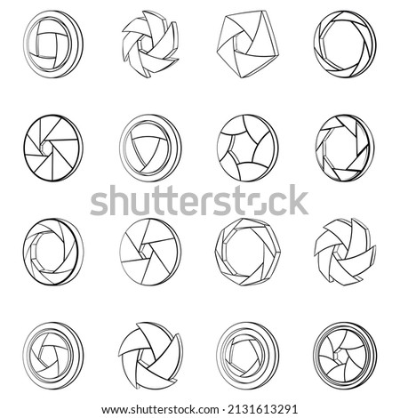 Camera aperture icons set in outline style isolated on white background