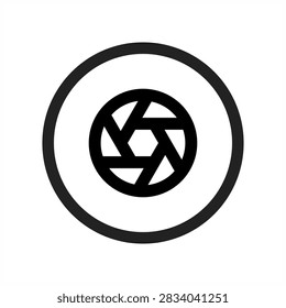 Camera aperture inside a circular frame icon for photography, camera settings, lenses, optics, digital imaging, and creative media.