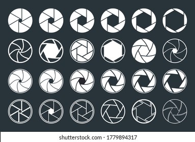 Camera with aperture, lens. Icons of shutter. Focus, diaphragm for photo, video equipment. Logo for snap of photography. Studio optics for film, photoshoot. Graphic symbols on black background. Vector