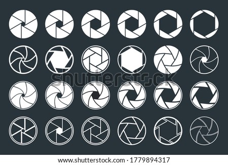 Camera with aperture, lens. Icons of shutter. Focus, diaphragm for photo, video equipment. Logo for snap of photography. Studio optics for film, photoshoot. Graphic symbols on black background. Vector