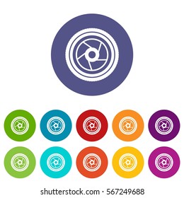 Camera aperture set icons in different colors isolated on white background