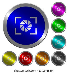 Camera aperture setting icons on round luminous coin-like color steel buttons