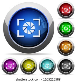 Camera aperture setting icons in round glossy buttons with steel frames
