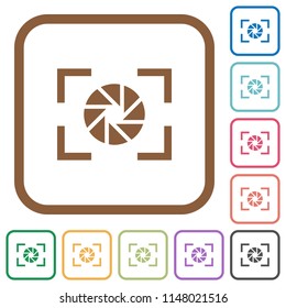 Camera aperture setting simple icons in color rounded square frames on white background