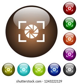 Camera aperture setting white icons on round color glass buttons