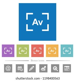 Camera aperture value mode flat white icons in square backgrounds. 6 bonus icons included.