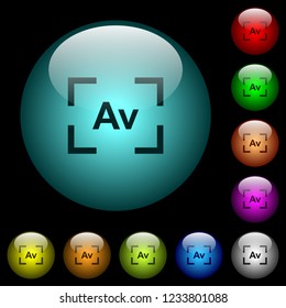Camera aperture value mode icons in color illuminated spherical glass buttons on black background. Can be used to black or dark templates