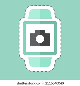 Camera App Sticker in trendy line cut isolated on blue background