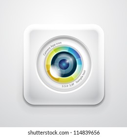 Camera application icon. Colorful camera lens design on white square shape